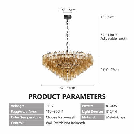 Modern Round 14-Light Black Chandelier with Smoke Glass Tubes