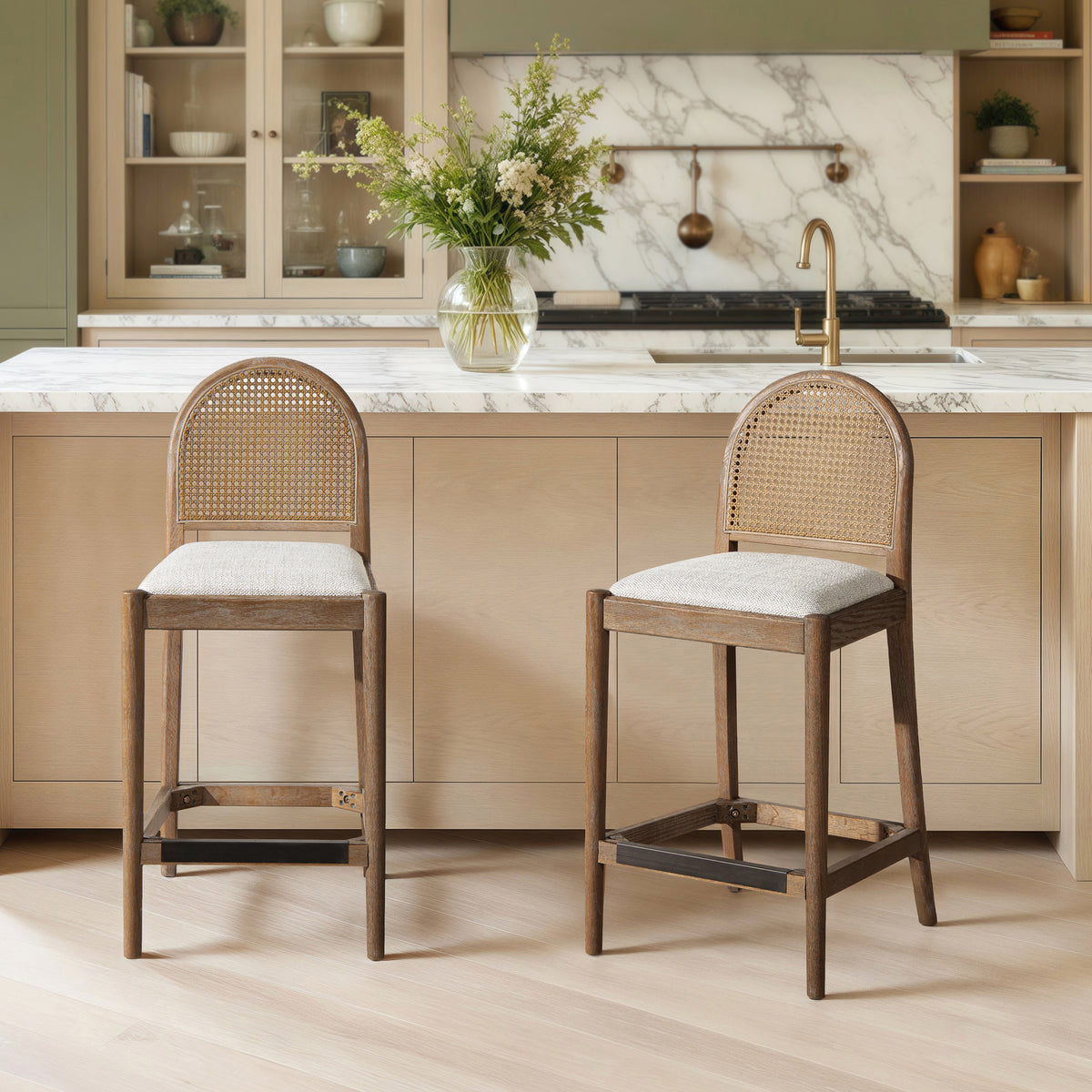 Curved Back Cane Rattan Counter Stools (2) | Maison Naturelle