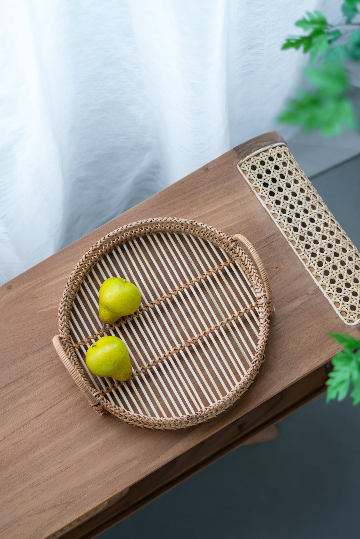 Round Decorative Brown Bamboo Woven Trays with Handles (S/3)