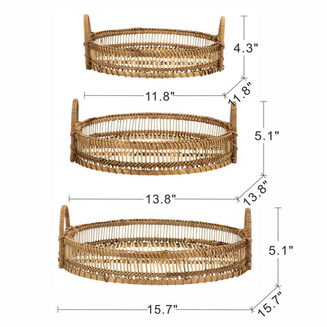 Round Decorative Brown Bamboo Woven Trays with Handles (S/3)