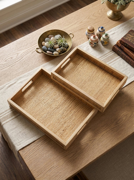 Brown Woven Rattan Trays with Handles — pair styled on a tabletop
