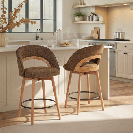 Dark brown upholstered counter stool with wood legs — pair at a kitchen counter