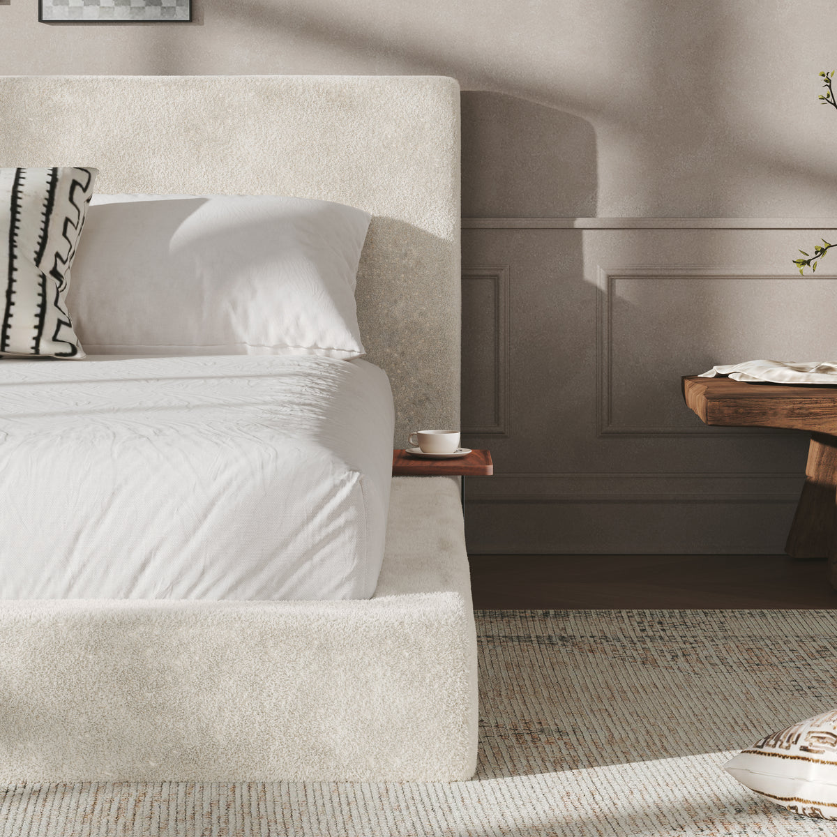 Cream Chenille Queen Bed with Sliding Side Trays – OROA, view 4