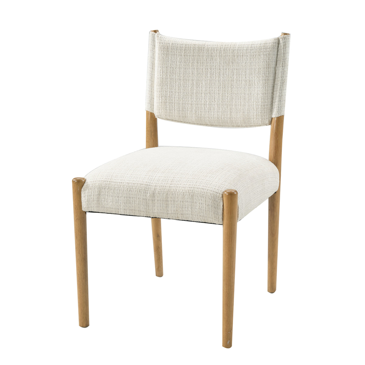 Cream Upholstered Natural Wood Dining Chairs — single chair three-quarter view