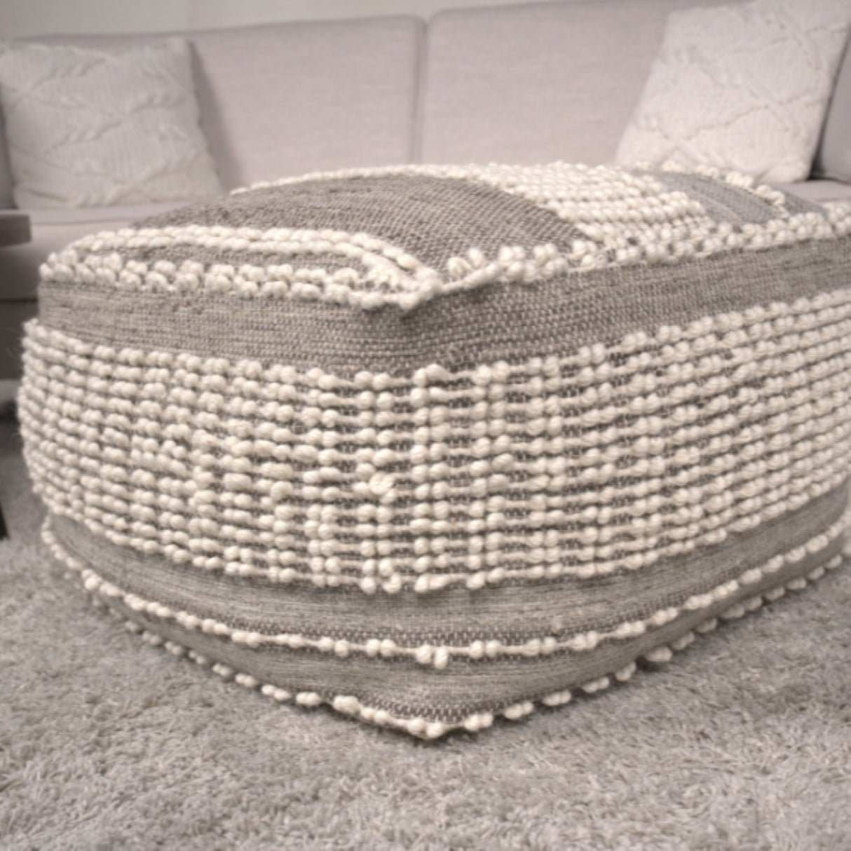 Rustic Wool And Cotton Large Pouf, Handcrafted Tufted Design