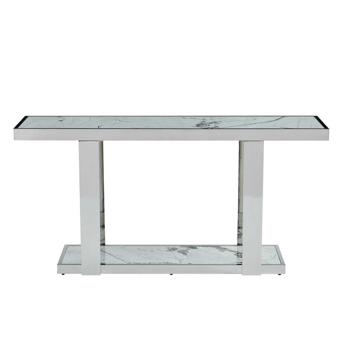 Silver and White Marble Look Two Tier Console – OROA, view 1