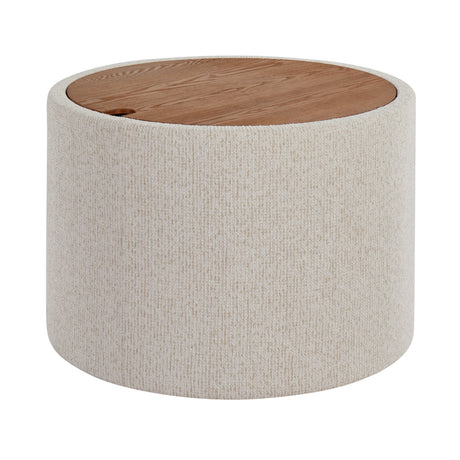 Cream Fabric Storage Tray Table with Walnut-Finish Lid — closed with wood tray lid