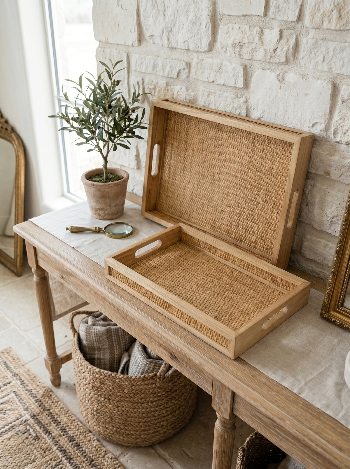 Brown Woven Rattan Trays with Handles — pair styled on a console