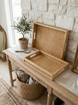 Brown Woven Rattan Trays with Handles — pair styled on a console