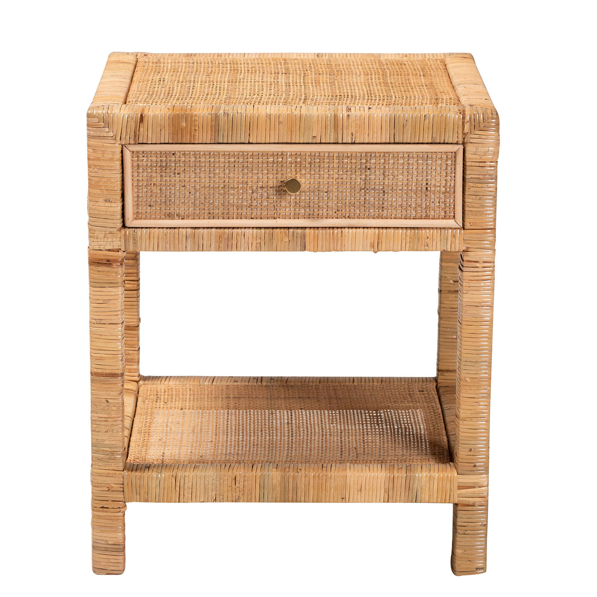 Rattan and Mahogany One Drawer Nightstand – OROA, view 1
