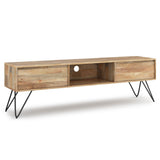 Wooden TV stand with metal legs on a white background