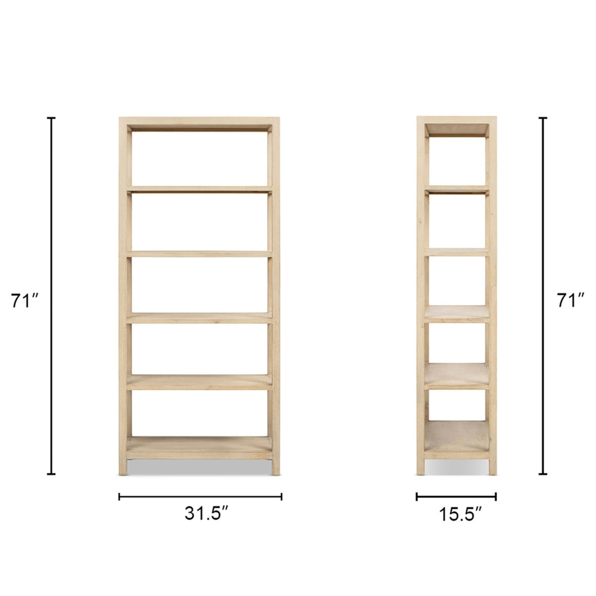 Ellis Reclaimed Pine 5-Shelf Open Frame Bookcase, Light Natural Cerused - OROA Online Furniture
