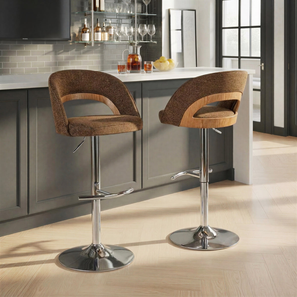 Dark Brown Whitewashed Adjustable Swivel Bar Stools Set of 2 – OROA, view 2