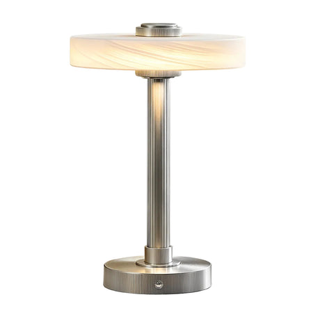 Nickel Rechargeable LED Table Lamp with Glass Shade — lit front view