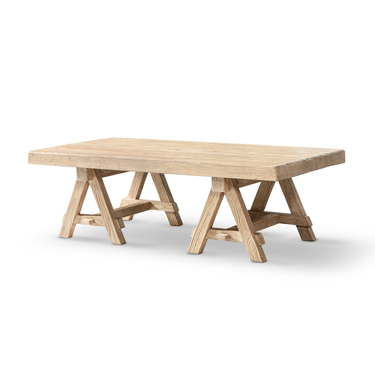 Hawthorne Reclaimed Elm Rectangular Trestle Coffee Table, Heritage Light Natural Brown - OROA Online Furniture
