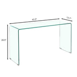Glass console table with dimensions labeled on a white background