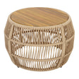 A round woven rattan drum stool with a light natural wood slatted top, isolated on a white background.