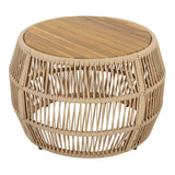 A round woven rattan drum stool with a light natural wood slatted top, isolated on a white background.