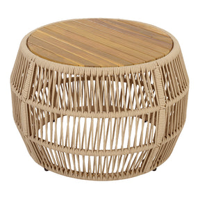 A round woven rattan drum stool with a light natural wood slatted top, isolated on a white background.