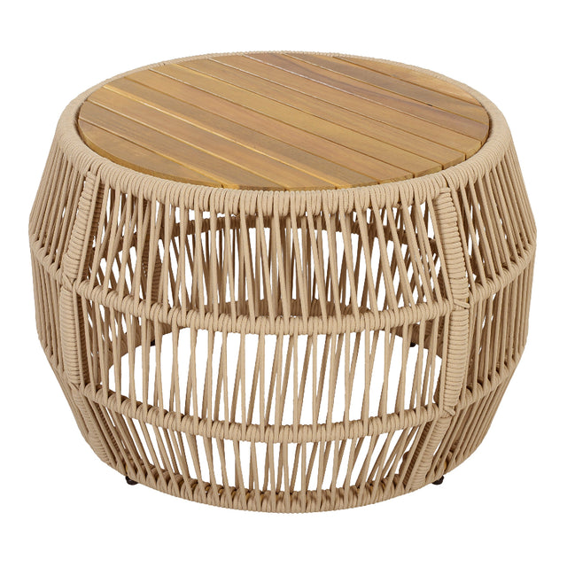 A round woven rattan drum stool with a light natural wood slatted top, isolated on a white background.