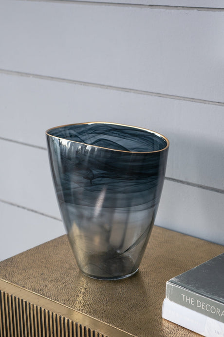 Smokey Black Glass Vase with Gold Rim
