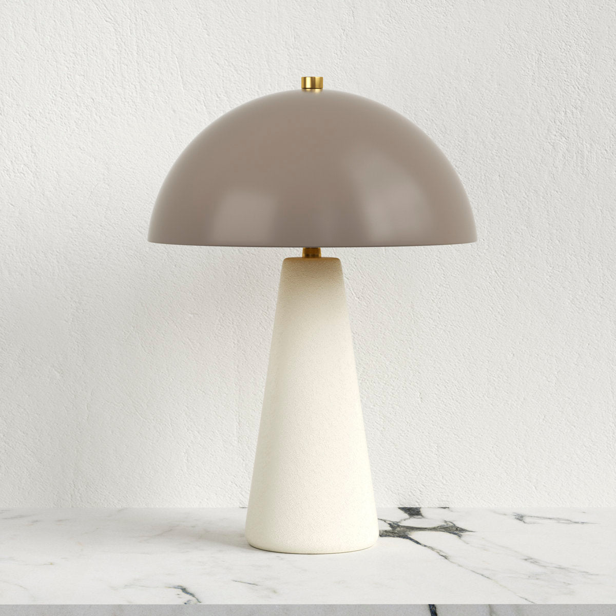 Off-White Ceramic Mushroom Table Lamp — on a marble surface
