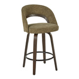 Sage Green Fabric Swivel Counter Stools — three-quarter view