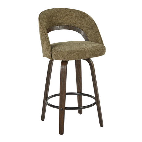 Sage Green Fabric Swivel Counter Stools — three-quarter view