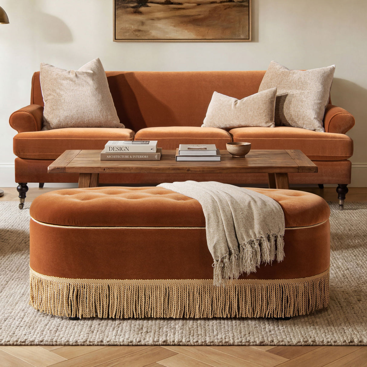 Melindaa - Oval Tufted Bullion Fringe Storage Bench