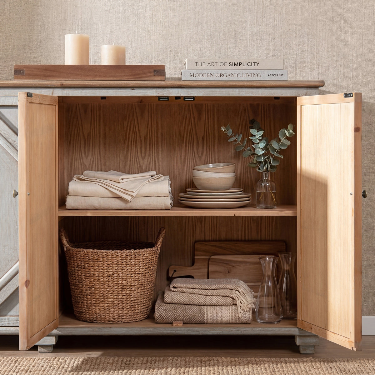 Colette Extra Wide 6-Door Cabinet Sideboard, Antique Natural Brown and Blue-Grey Reclaimed Pine - OROA Modern Furniture