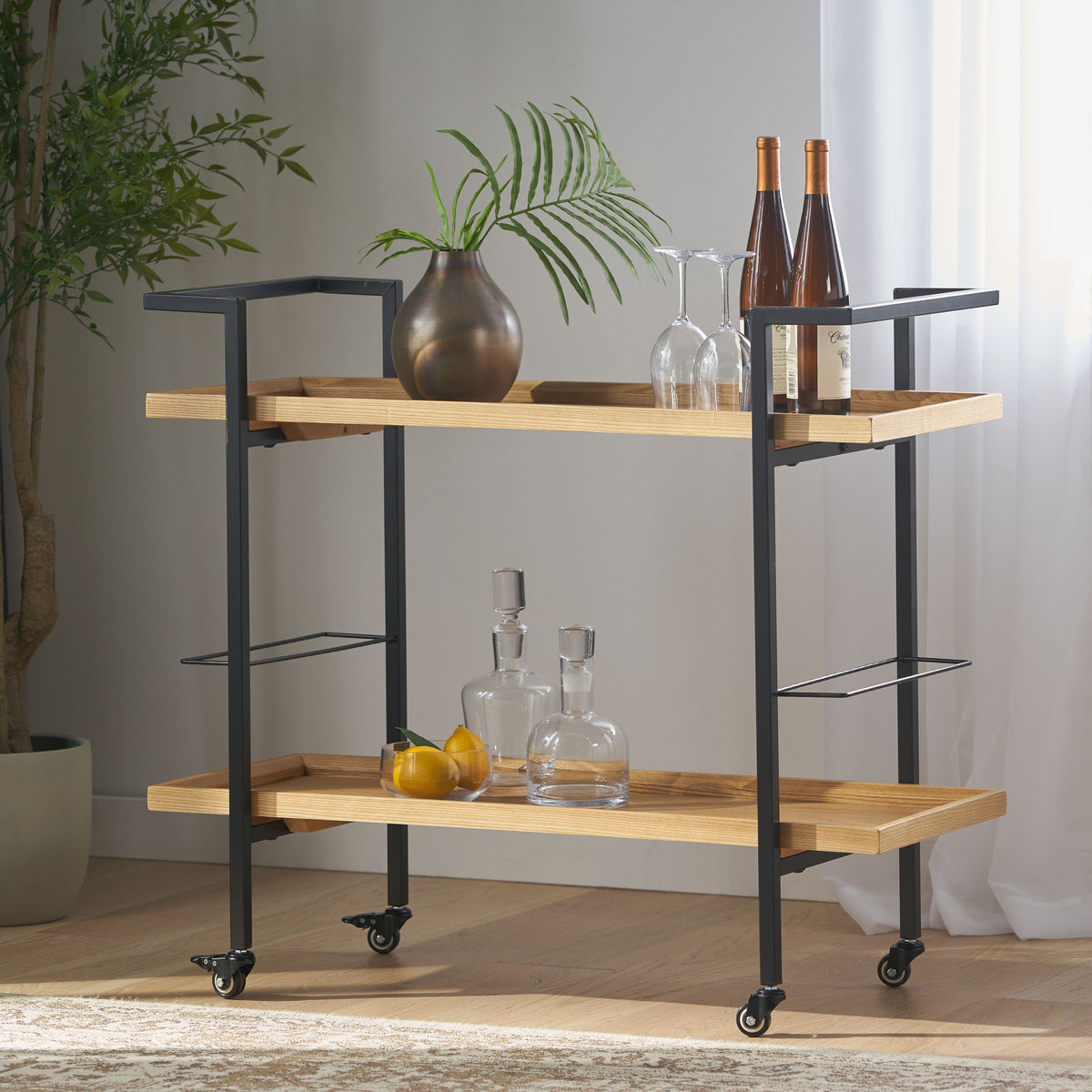 Modern Industrial Bar Cart with Shelving and Casters, Natural Wood and Metal - OROA Online Furniture