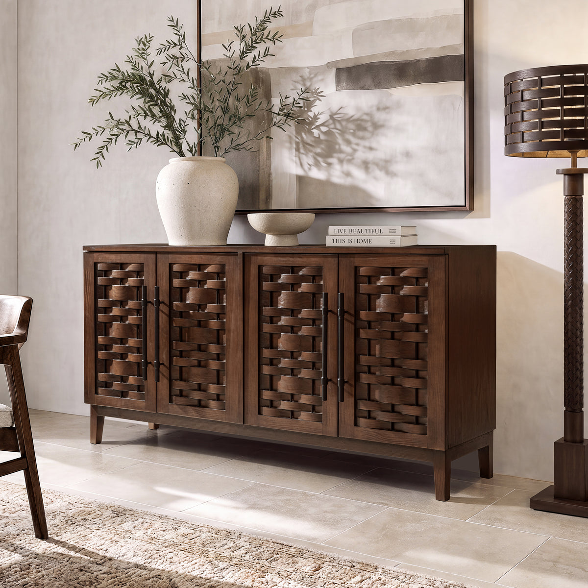 Koa Woven Wood 4-Door Sideboard, Dark Brown Reclaimed Pine - OROA Modern Furniture