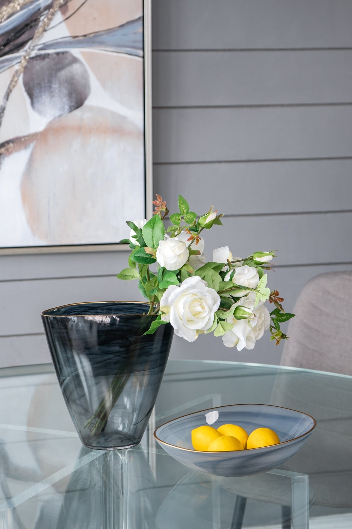 Smokey Black Glass Vase with Gold Rim