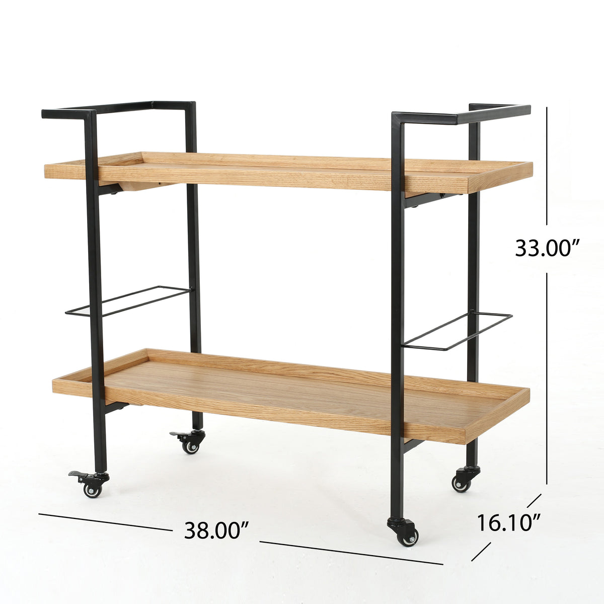 Modern Industrial Bar Cart with Shelving and Casters, Natural Wood and Metal - OROA Online Furniture
