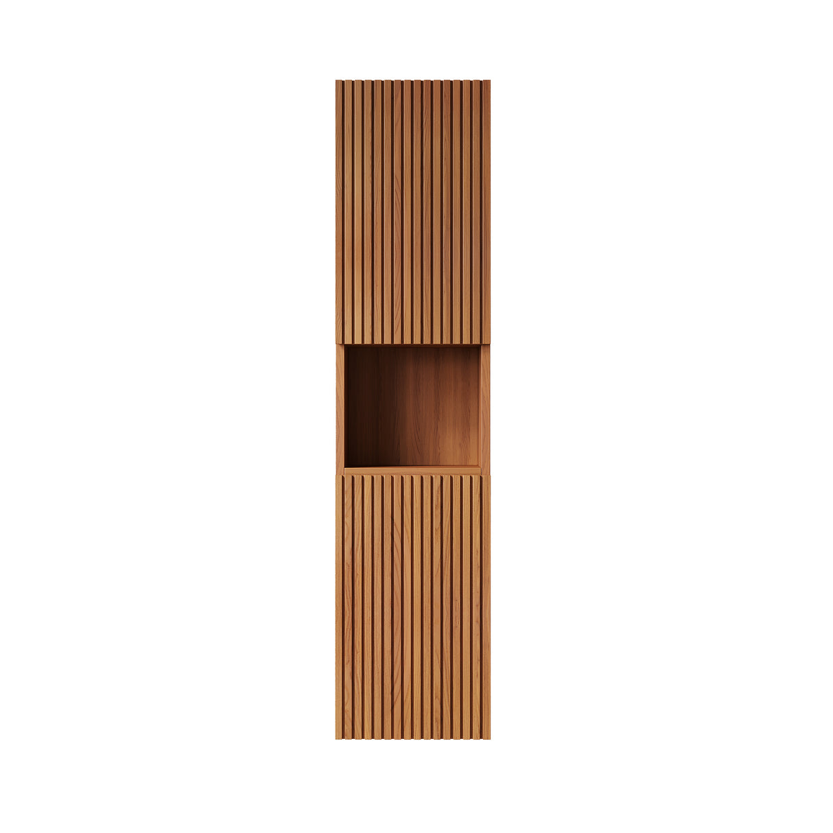 Tall wooden cabinet with slatted design on a white background