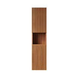 Tall wooden cabinet with slatted design on a white background