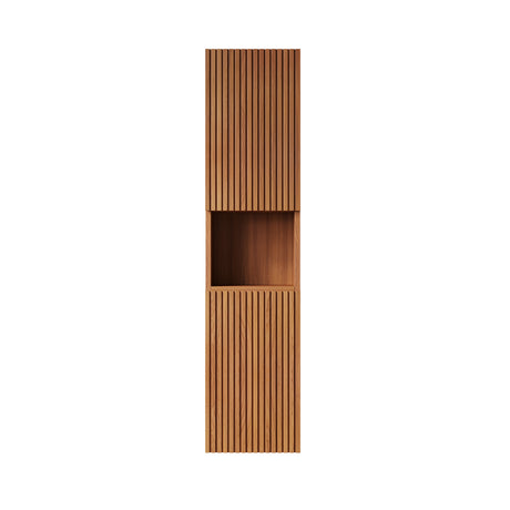Tall wooden cabinet with slatted design on a white background