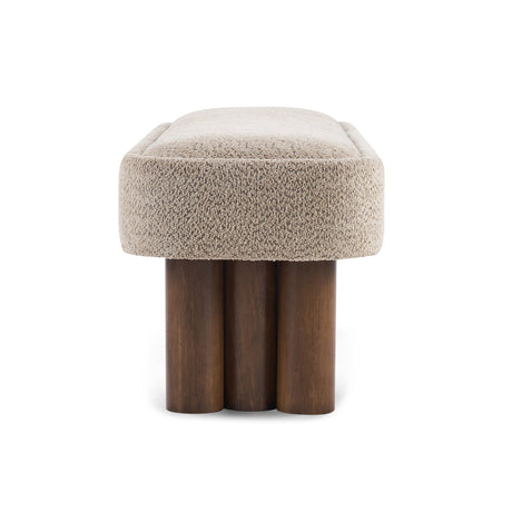 Khaki Bouclé Dining Bench with Walnut Legs | Catchy