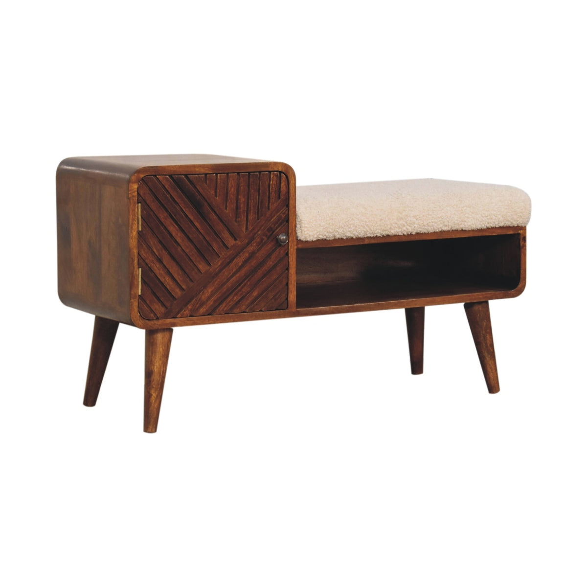 Wooden bench with a patterned backrest and cushion on a white background