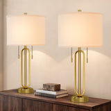 Gold Metal USB-C Pull-Chain Table Lamps — lit pair on a console