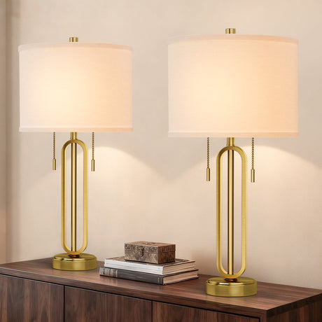 Gold Metal USB-C Pull-Chain Table Lamps — lit pair on a console