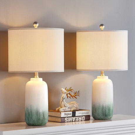 Green Ceramic Dimmable Table Lamps — lit pair on a console