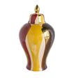 Decorative vase with multicolored swirl pattern and gold accents on a white background