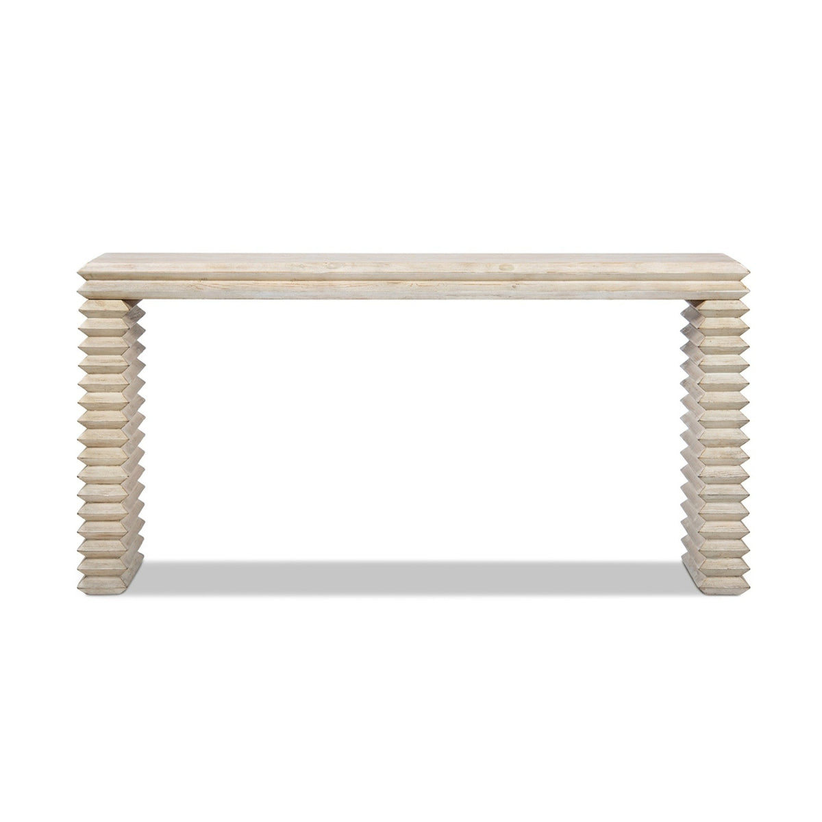 Veda Whitewashed Reclaimed Pine Geometric Console Table with Slim Stacked Legs - OROA Modern Furniture
