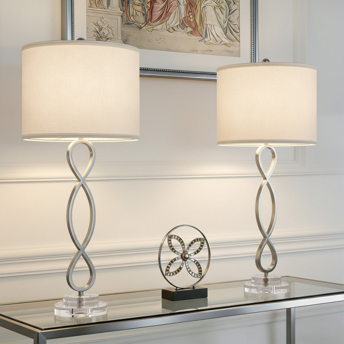 Nickel Crystal-Accent Table Lamps — pair on a mirrored console