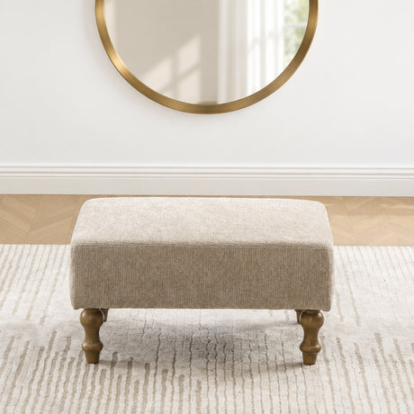 Taupe Chenille Ottoman with Walnut Wood Legs