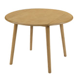 Natural Birch Veneer Round Drop-Leaf Dining Table — three-quarter view with leaves raised