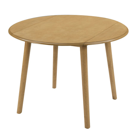 Natural Birch Veneer Round Drop-Leaf Dining Table — three-quarter view with leaves raised