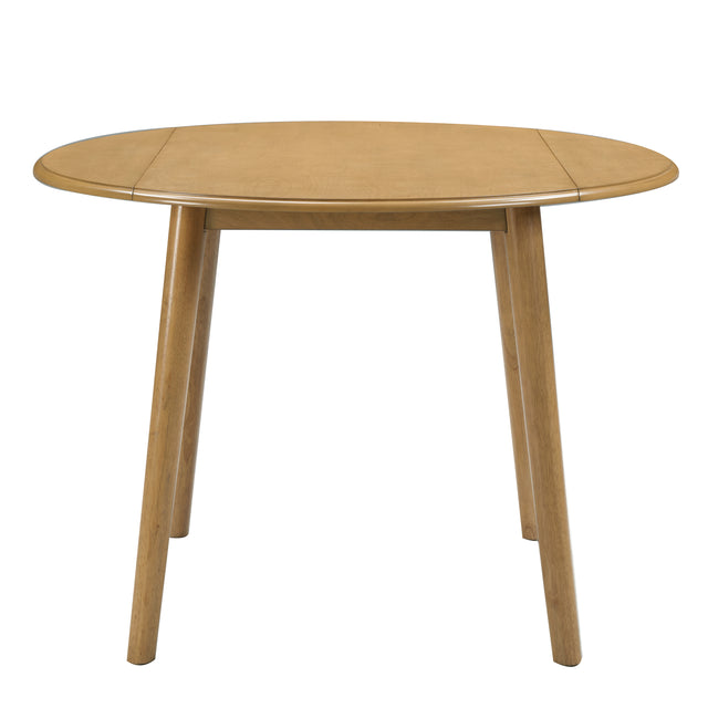 Natural Birch Veneer Round Drop-Leaf Dining Table — front view with leaves raised