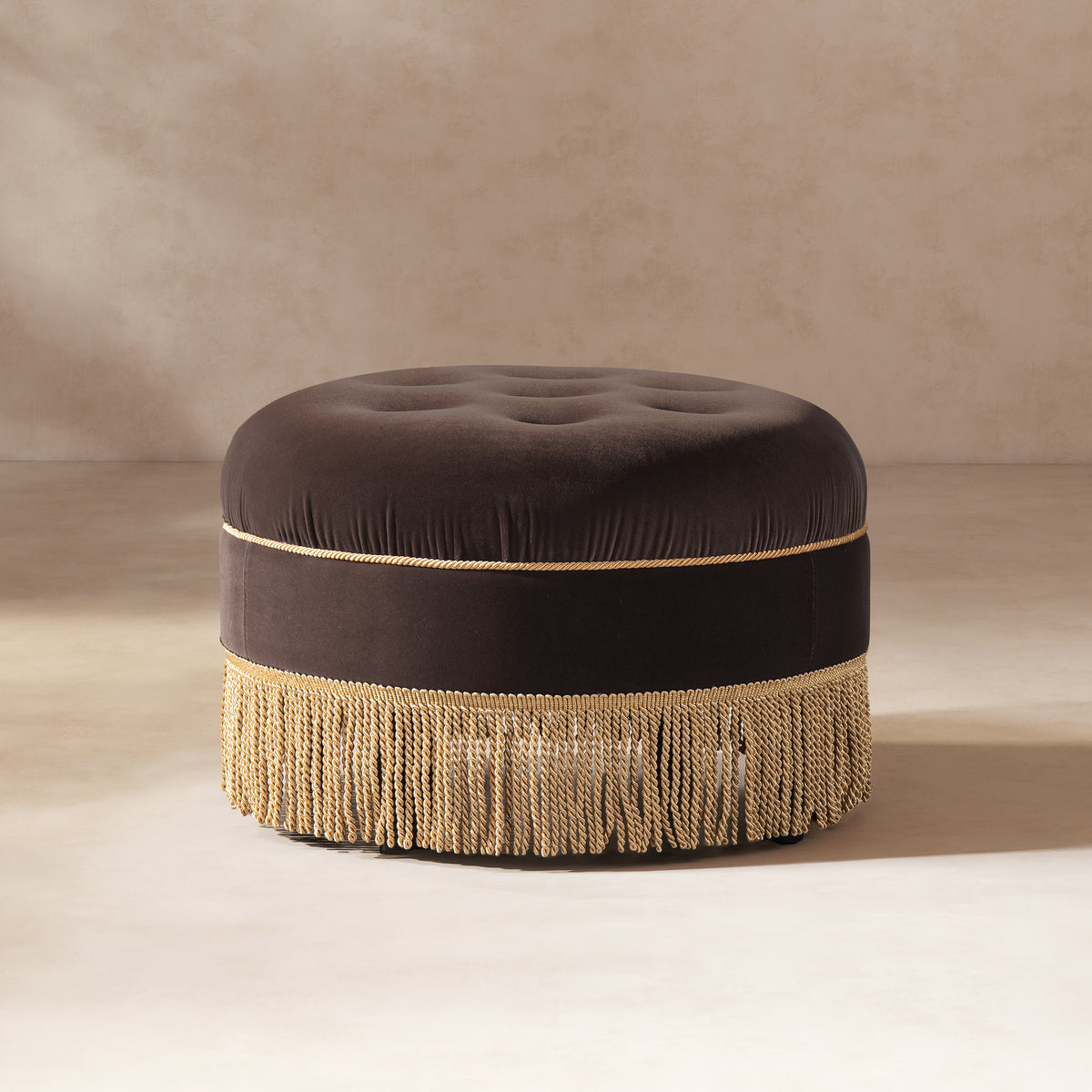 Yolanda Round Upholstered Accent Ottoman, Deep Brown Performance Velvet - OROA Online Furniture